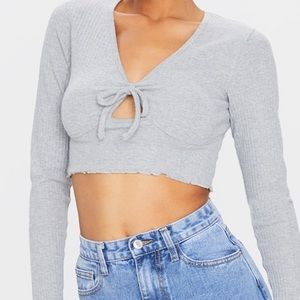 adorable grey crop top, tie top